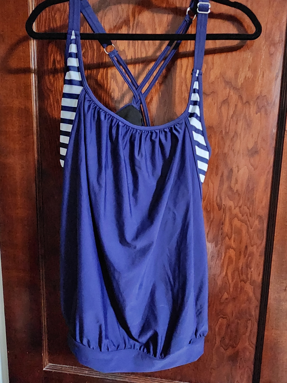 BloomChic Navy Blue Tankini Top with White Striped Side Panels